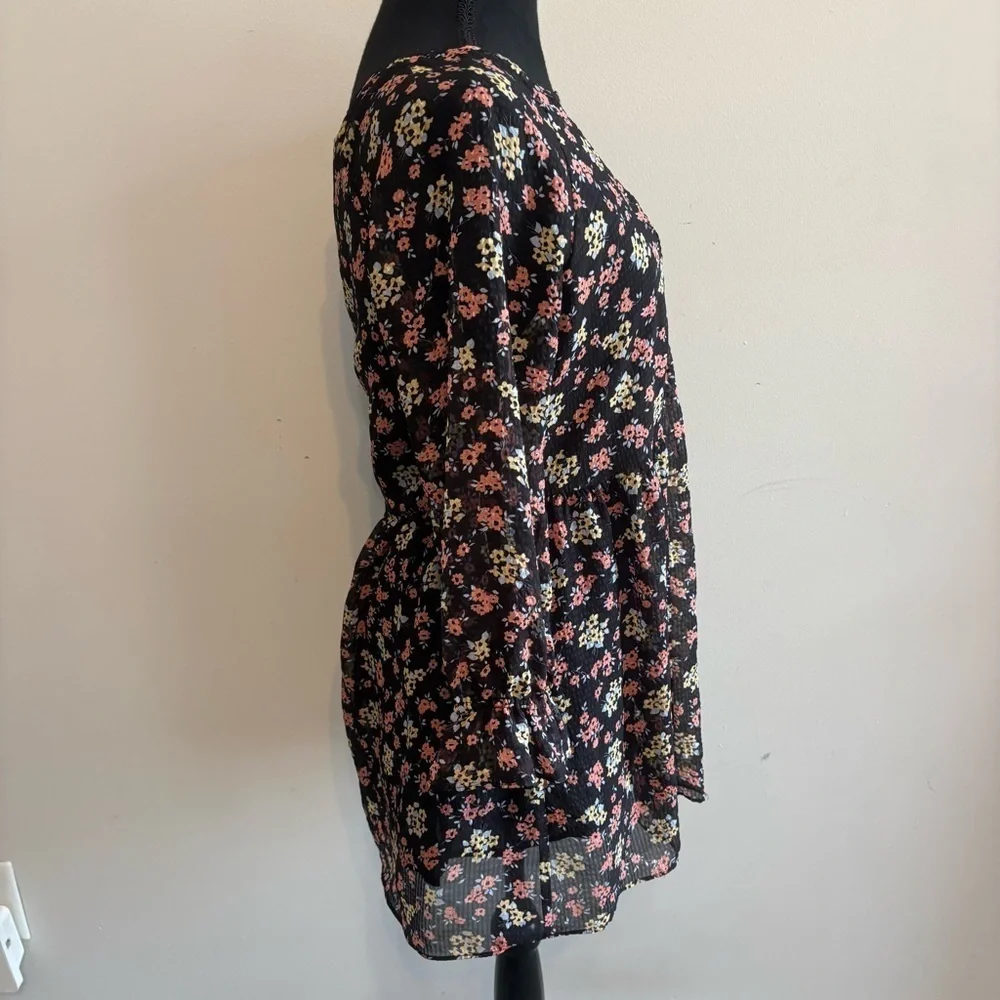 Free People Black Comb Ditsy Floral 3/4 Sleeve Ruched Babydoll Mini Dress Tunic